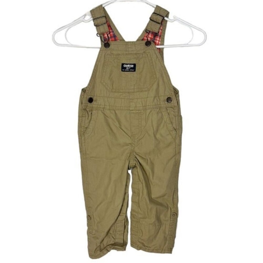 Oshkosh B'gosh Tan with Pink Plaid‎ Girls Toddlers Overalls Size 18M